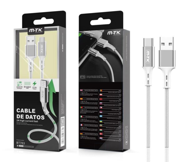 Cable datos USB 2.0 a Type-C / 1m / 2.4a / Aluminio / Trenzado / Bt763 / Plata / MTK