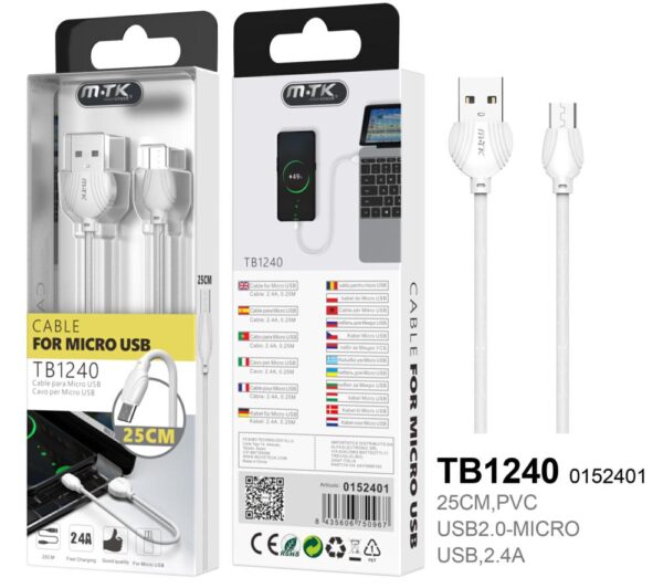 Cable USB a Micro USB 2.0 M/M  / 0.25m / Blanco / TB1240 / Mtk