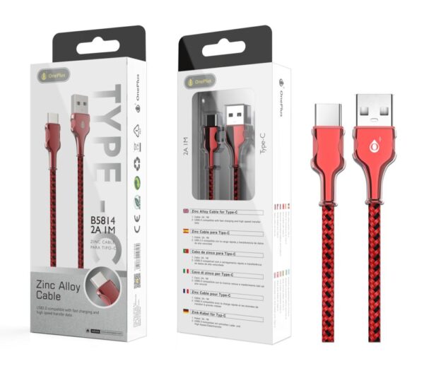 Cable datos USB 2.0 a Type-C / 1m / 2a / Zync Alloy Ulises / B5814 / Rojo / One+