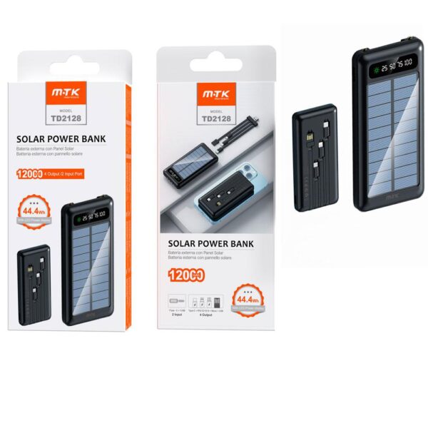 PowerBank TD2128 Panel Solar / Type-C / USB / 12000 mah / Type-c / MicroUsb / Usb / Iphone 14 / NEGRA / MTK / 0251282
