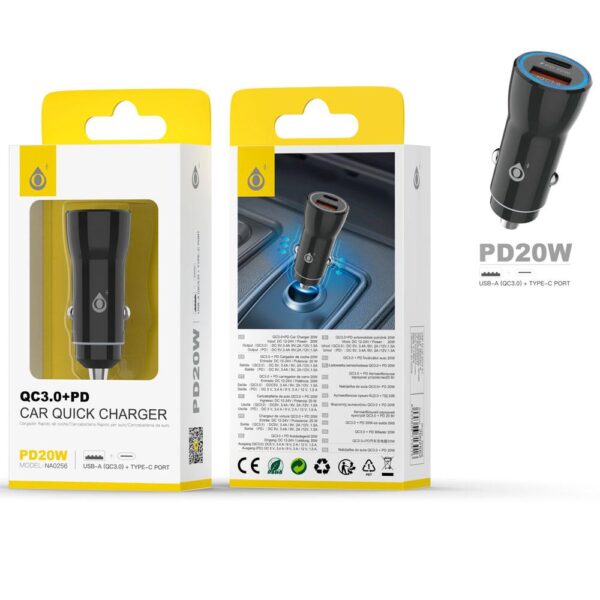 Cargador de coche-mechero Usb QC3.0 + Type-C / 20w / Negro / NA0256 / One+ / 2002562