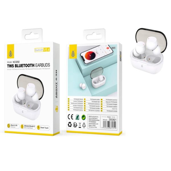Auriculares estereo Bluetooth 5.4  NC3292 Blanco / Tws / Base recargable 200 mah / 2302921 / One+
