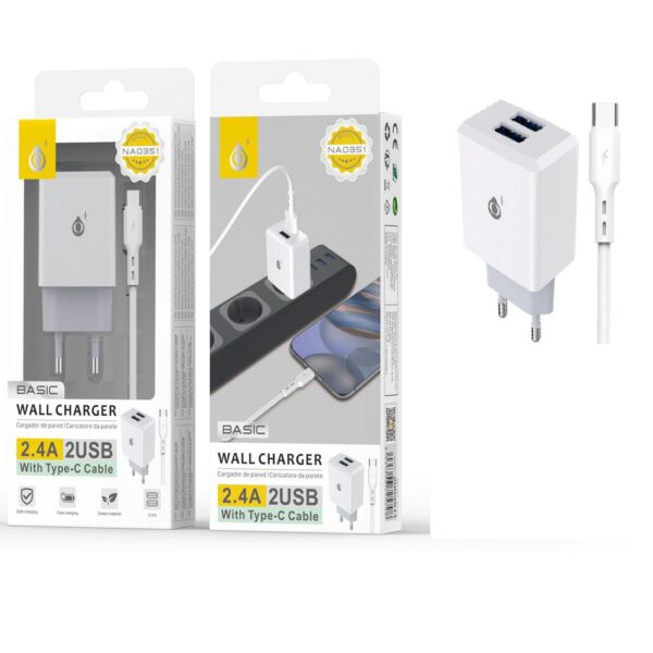Cargador de red 2x Usb + Cable Type-C / 2.4A / Blanco / NA0351 / 2003511 / One+