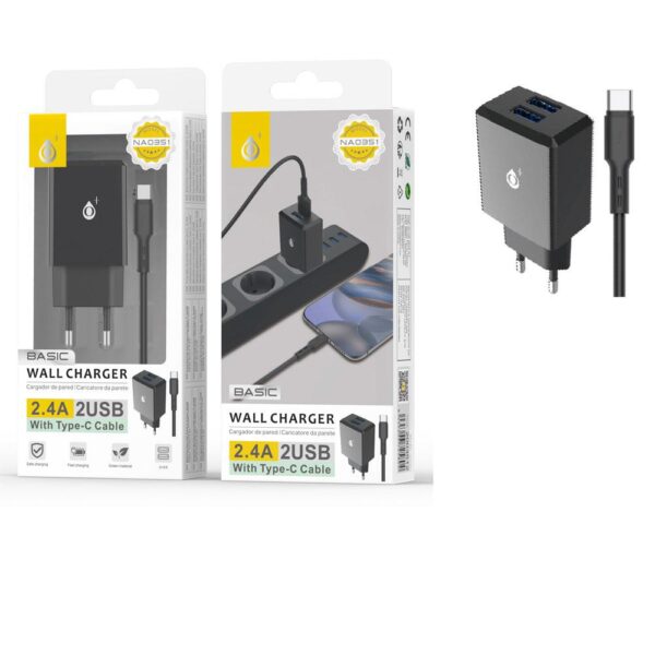 Cargador de red 2x Usb + Cable Type-C / 2.4A / Negro / NA0351 / 2003512 / One+