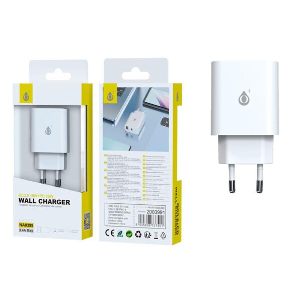 Cargador de red Berta Usb QC3.0 + Type-C / 20W / 3.4 A / Blanco / NA0399 / One+