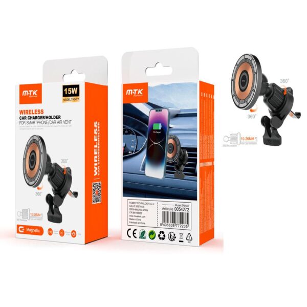 Soporte / Cargador de coche para Smartphone magnetico rejilla TA0427 / Carga inalambrica QI 15w / 360 Grados / Negro / Mtk
