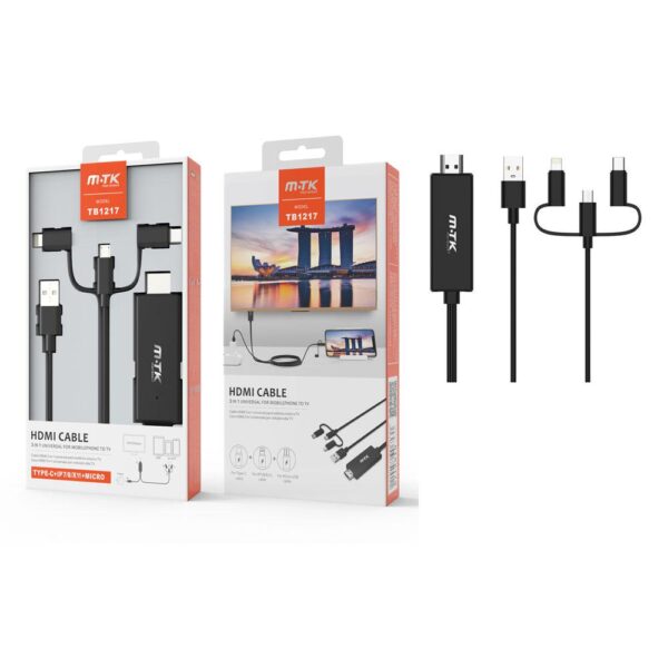 Cable HDMI a TV 3 en 1 magnético (MicroUSB + Type-C + lightning) 1.8m /  Negro / TB1217 / 0152172 / MTK
