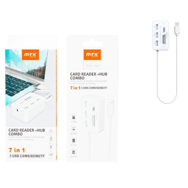 Hub adaptador Usb a 3xUsb 2.0 + Lector Tarjetas / TR9167 / Blanco / MTk