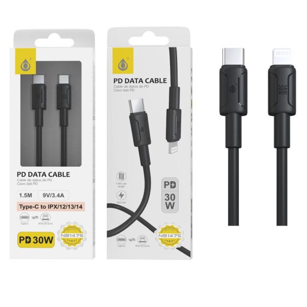 Cable datos Type-C a Lightning Iphone / 1.5 m / 3.4a / NB1475 / Carga Rapida PD / Negro / 2104752 / One+