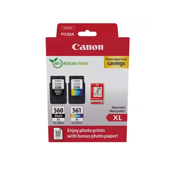Tinta Original Canon Pack PG560 + CL561 + 50 Hojas Papel Fotografico Brillante GP-501 10x15