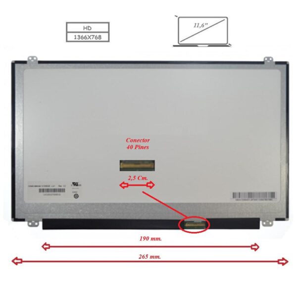 Pantalla para portátil LED 11.6" Slim 40 pines Bracket superior