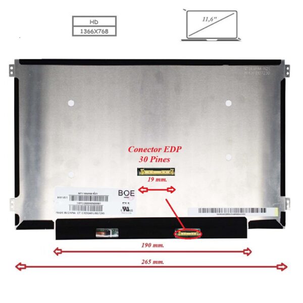 Pantalla para portátil LED 11.6" Slim 30 Pines WXGA Brackets laterales