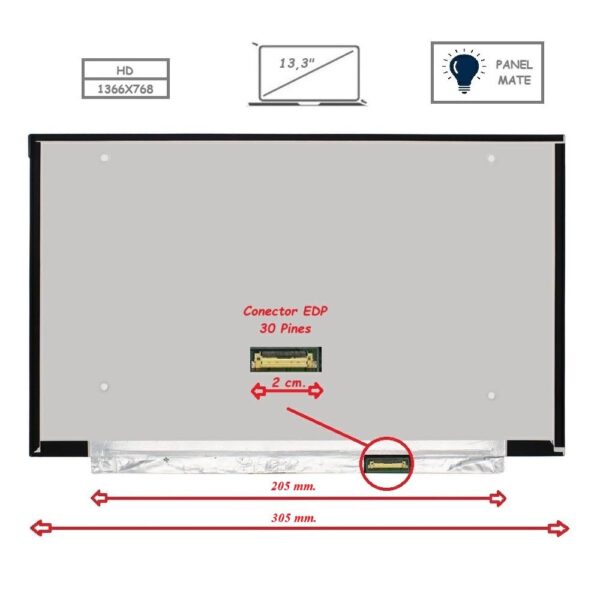 Pantalla para portátil LED 13.3" Slim 30 Pines WXGA Sin Brackets Mate
